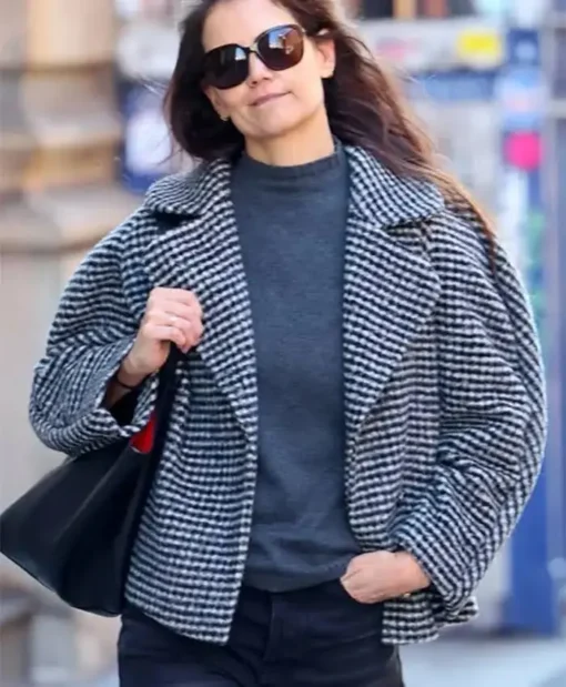 Katie Holmes Plaid Texture Wool Jacket