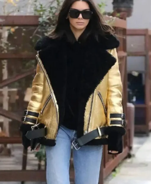 Kendall Jenner Golden Leather Fur Jacket