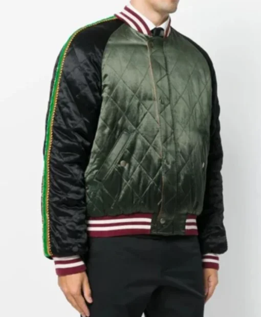 Kendall Roy Succession S03 EP7 Jeremy Strong UFO Green Quilted Embellished Bomber Jacket