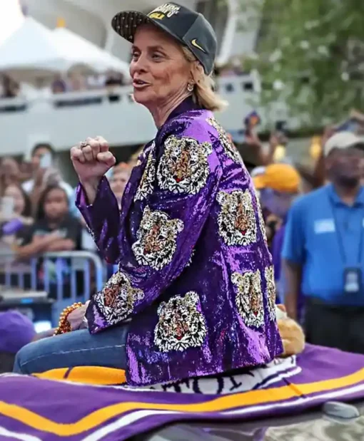 Kim Mulkey Purple Sequin Tiger Printed Blazer For Sale