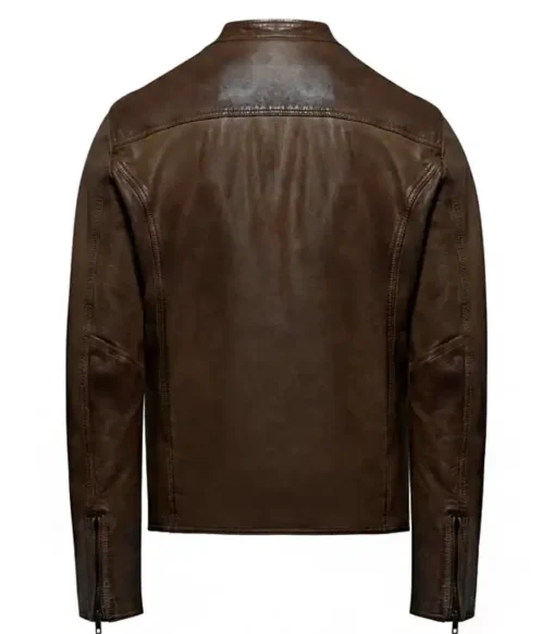 Leonardo Style Brown Leather Cafe Racer Snap Tab Collar Jacket