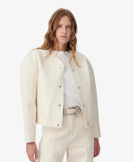 Leslie Iro Chanya Rib Collar Off-White Bomber Leather Jacket