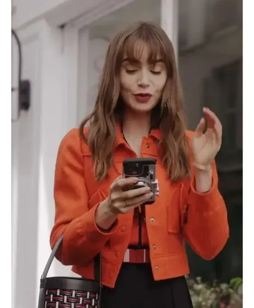 Lily Collins Emily In Paris S3 Orange Sherpa Jacket