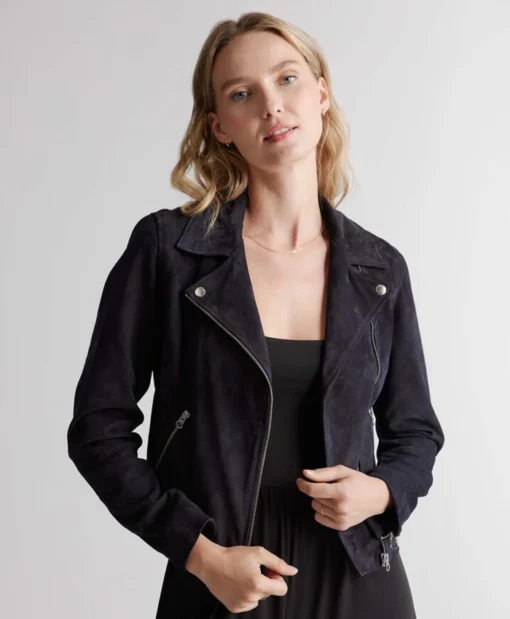 Linda Quince Black Suede Notch Lapel Biker Leather Jacket