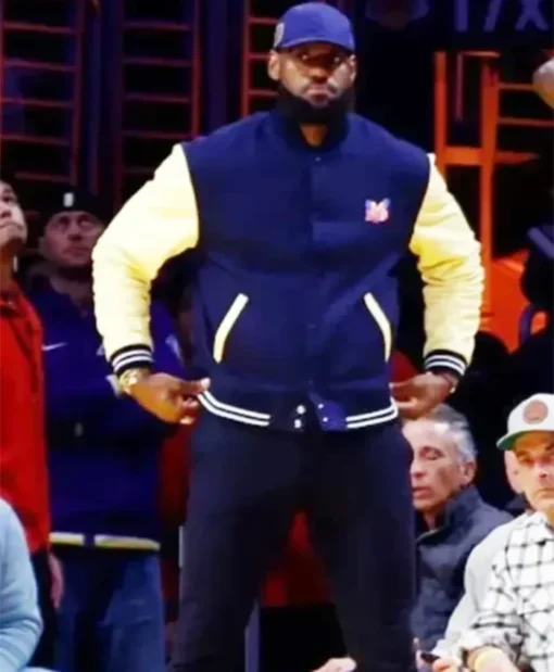 Los Angeles Lakers NBA 2023 LeBron James Blue & Yellow Varsity Bomber Jacket