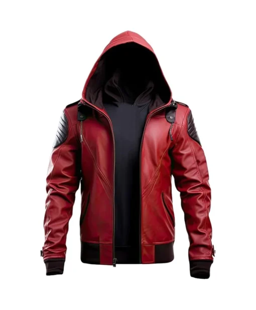 Marcus D Motorcycle Red Leather Hooded Jacket