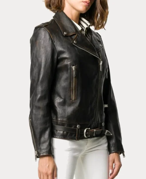 Matthew Black Distressed Notch Lapel Biker Leather Jacket