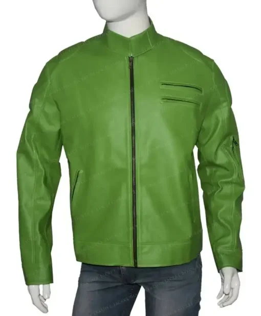 Men Green Regular Fit Part Wear Leather Jacket