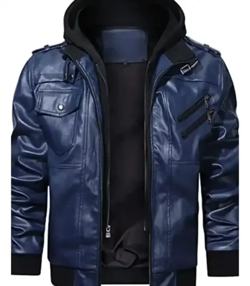 Mens Biker Bomber Removable Hood Navy Blue Jacket