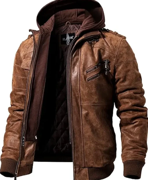 Mens Biker Removable Hood Bomber Brown Leather Jacket