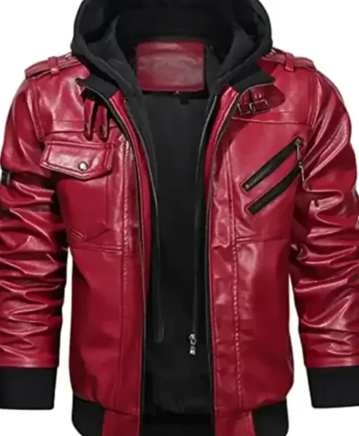 Mens Biker Removable Hood Bomber Red Leather Jacket