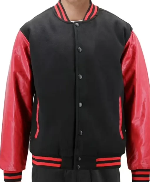 Mens Black and Red Letterman Bomber Jacket