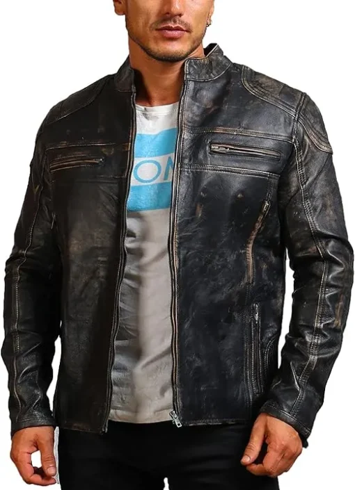 Mens Distressed Black Real Leather Moto Jacket