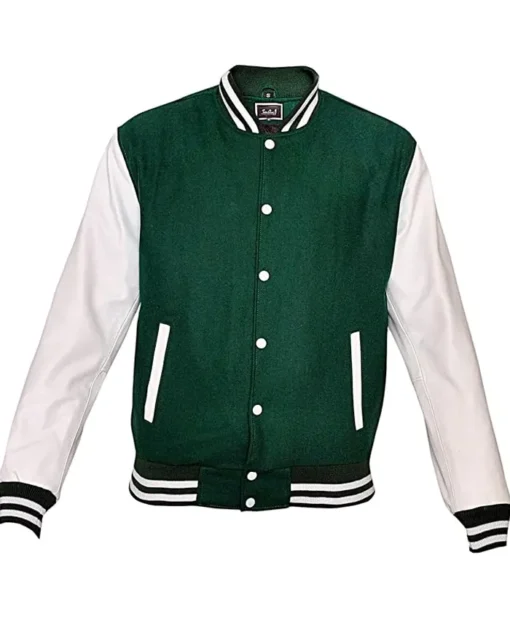 Mens Green and White Football Varsity Letterman Jacket