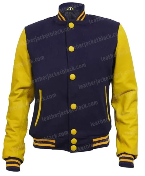 Mens Navy Blue and Yellow Bomber Baseball Letterman Jacket