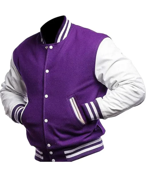 Mens Purple and White High School Bomber Letterman Jacket