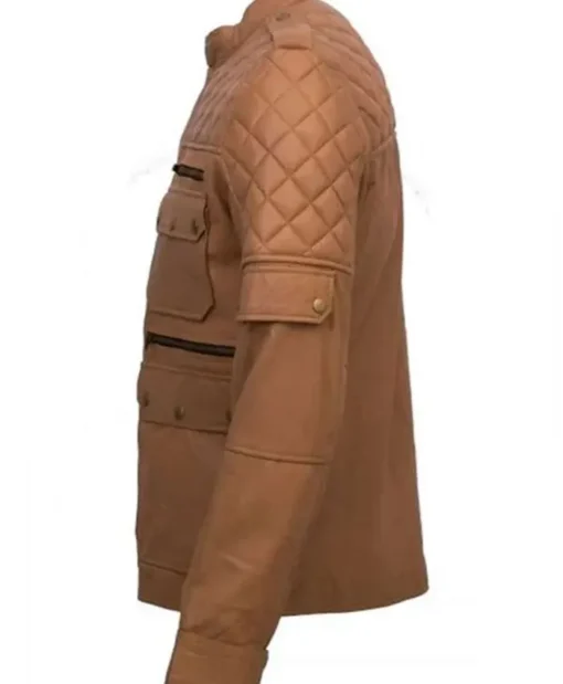 Men’s Quilted Tan Brown Rib-Knit Collar Genuine Sheepskin Leather Jacket