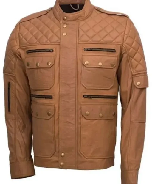 Men’s Quilted Tan Brown Rib-Knit Collar Genuine Sheepskin Leather Jacket For Sale