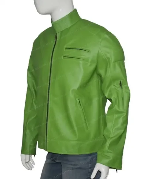 Men's Regular Fit Part Wear in Green Leather Biker Jacket