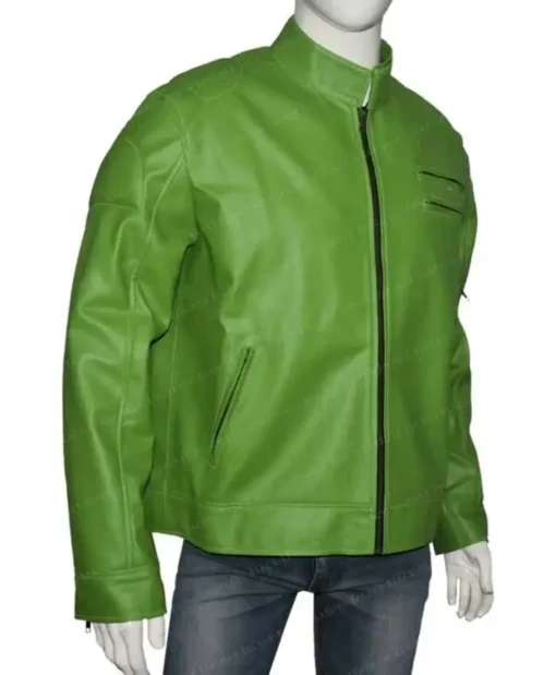 Men's Regular Fit Part Wear in Green Leather Biker Jacket For Sale