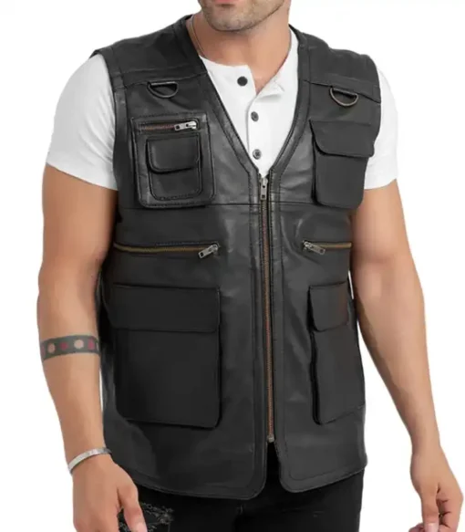 Men’s Safari Black Leather Vest