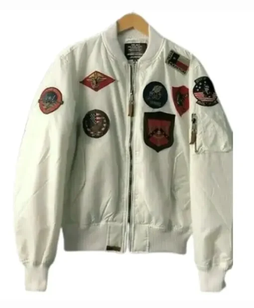 Mens Top Gun MA-1 White Patches Bomber Zip Up Nylon Jacket