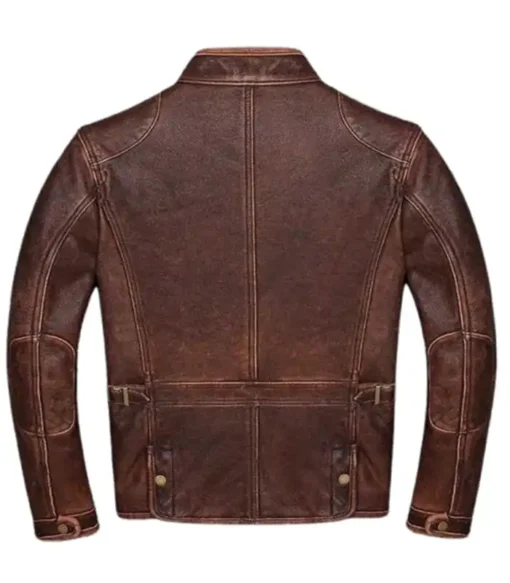 Men’s Vintage Moto Stand-Up Belted Style Collar Leather Motorcycle Riding Jacket