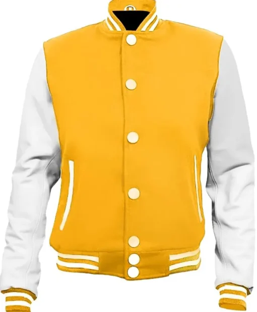 Mens Yellow and White Football Bomber University Style Letterman Jacket