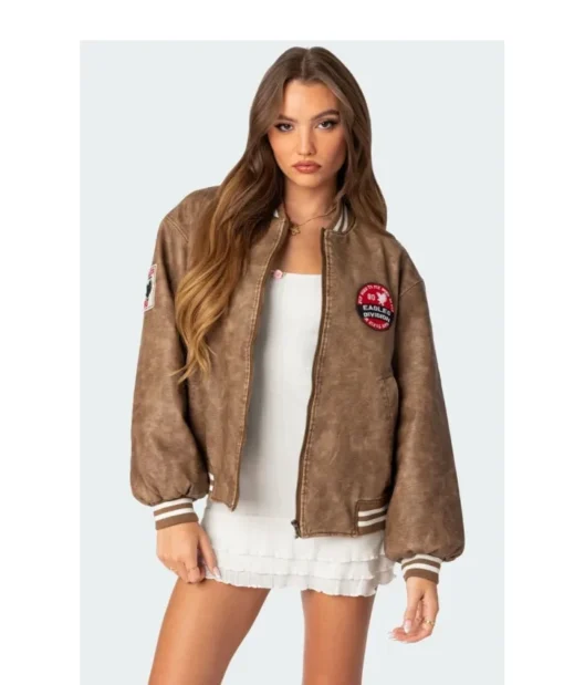 Michelle D Edikted Brown Distressed Faux Leather Bomber Jacket