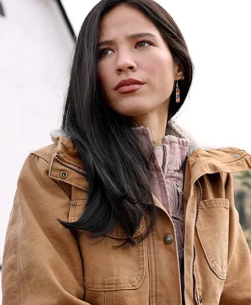 Monica Dutton TV Series Yellowstone Kelsey Asbille Womens Shearling Fur Collar Brown Cotton Jacket