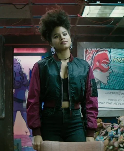 Movie Deadpool 2 Zazie Beetz Domino Black and Purple Bomber Jacket