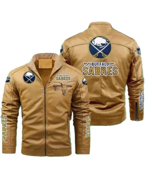 NHL Team Buffalo Sabres Black And Brown Motorcycle Leather Jacket For Sale