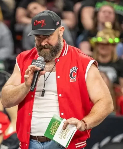 New Heights Live Show Jason Kelce Red Satin Vest