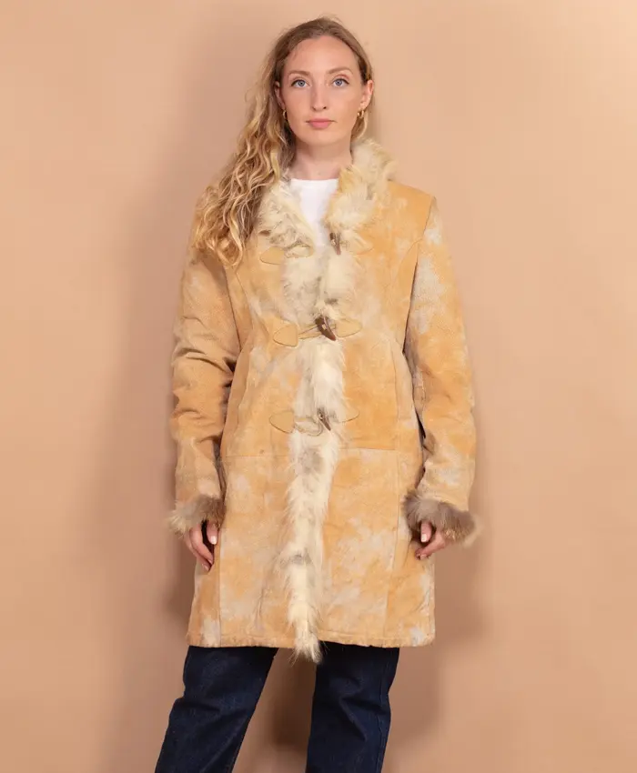 Hooded Penny Lane Coat vintage women 80's beige sheepskin shearling suede coat winter outerwear sustainable fashion afghan top coat size large