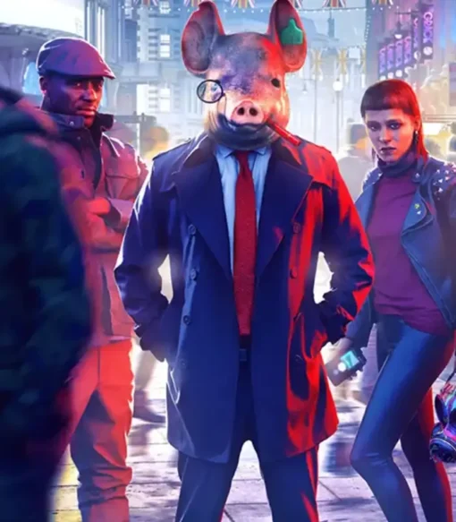 Pig Head Watch Dogs Legion Blue Pea Coat