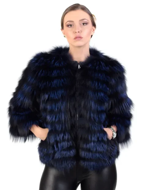 Raccoon Fur Blue And Black Cropped Jacket