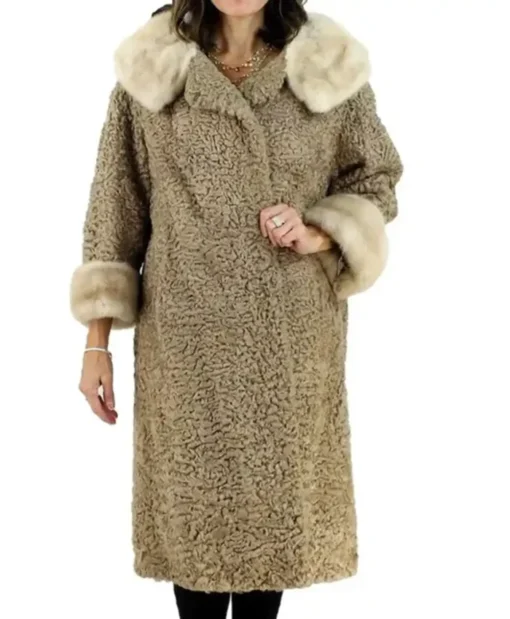 Real Astrakhan Curly Lamb Mink Fur Brown Coat