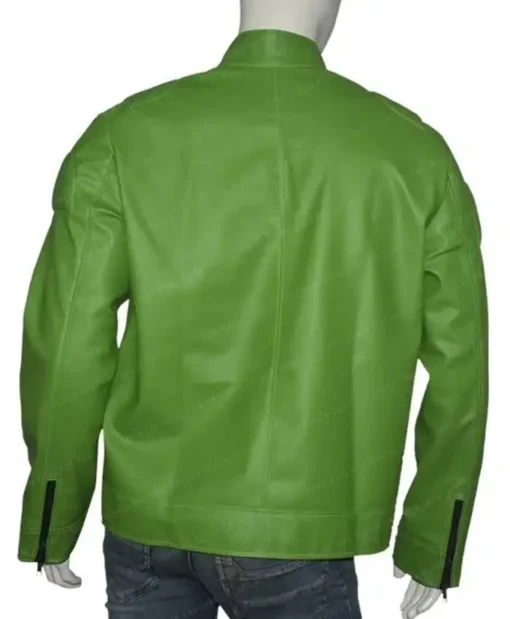 Regular Fit Part Wear in Green Leather Biker Jacket For Sale