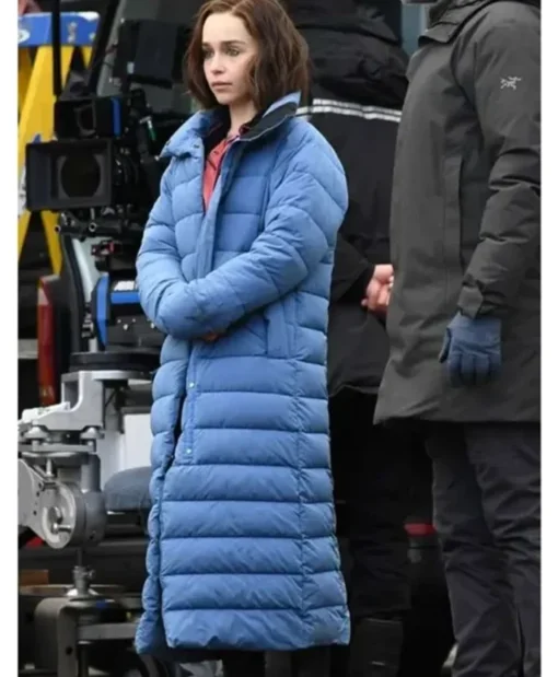 Emilia Clarke Secret Invasion S1 Blue Puffer Coat