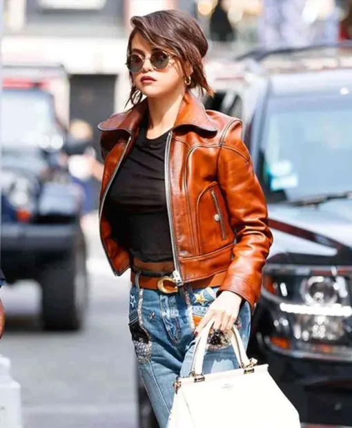 Selena Gomez Leather Brown Jacket