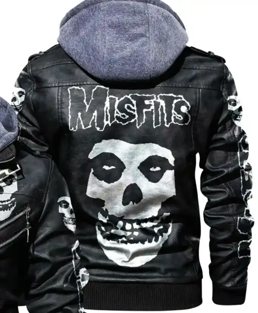 Skull Printed Misfits Black Leather Hooded Bomber Varsity Jacket For Sale