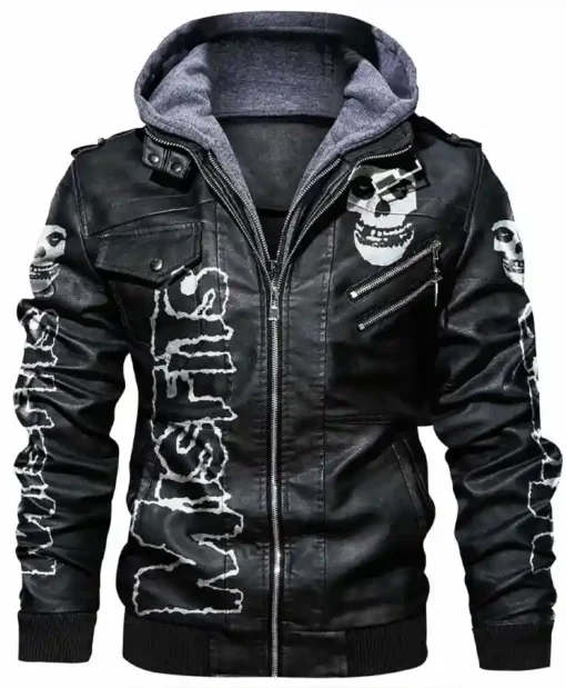 Skull Printed Misfits Hooded Leather Varsity Jacket