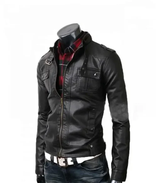 Slim Fit Leather Jacket Rider Strap Pocket Vintage Belted