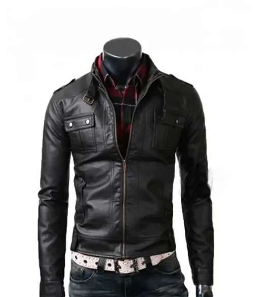 Slim Fit Leather Jacket Vintage Belted Rider Strap Pocket