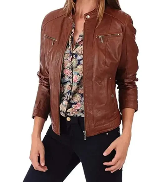 Slim Fit Waxed Brown Women Real Leather Biker Jacket