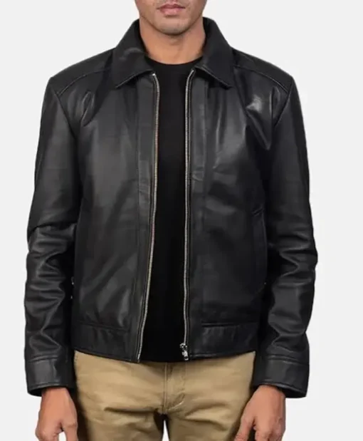 Sowers Men Shirt Style Black Zip Sheepskin Leather Jacket