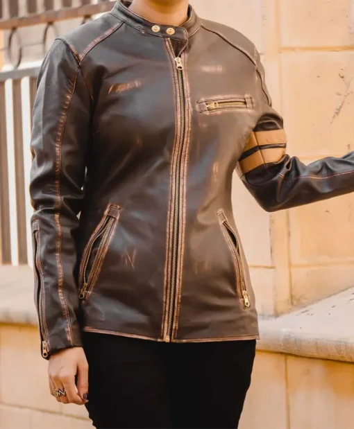 Stephanie Edikted Women Distressed Cafe Racer Leather Jacket