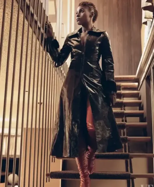 The Lovebirds Issa Rae Long Real Leather Coat