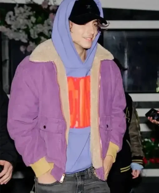 Timothee Chalamet SNL After Party Purple Bomber Jacket