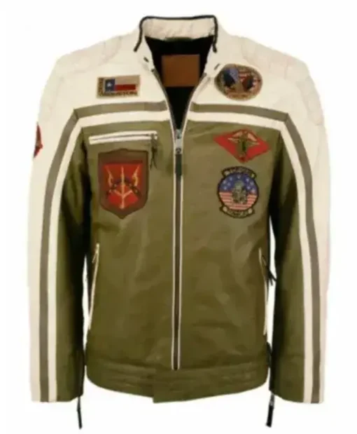 Top Gun Biker Olive Green Cafe Racer Quilted Leather Jacket